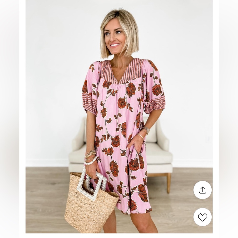 Knox Rose Pink Floral Puff Sleeve Short Dress XS